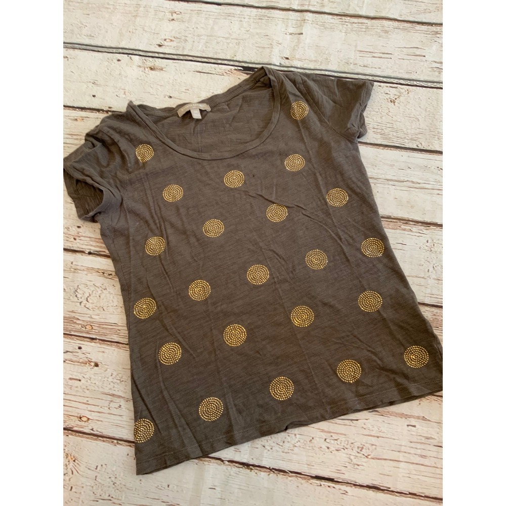 Banana Republic Womens XS Taupe Brown Gold Beaded Polka Dot Slub Knit T-Shirt‎